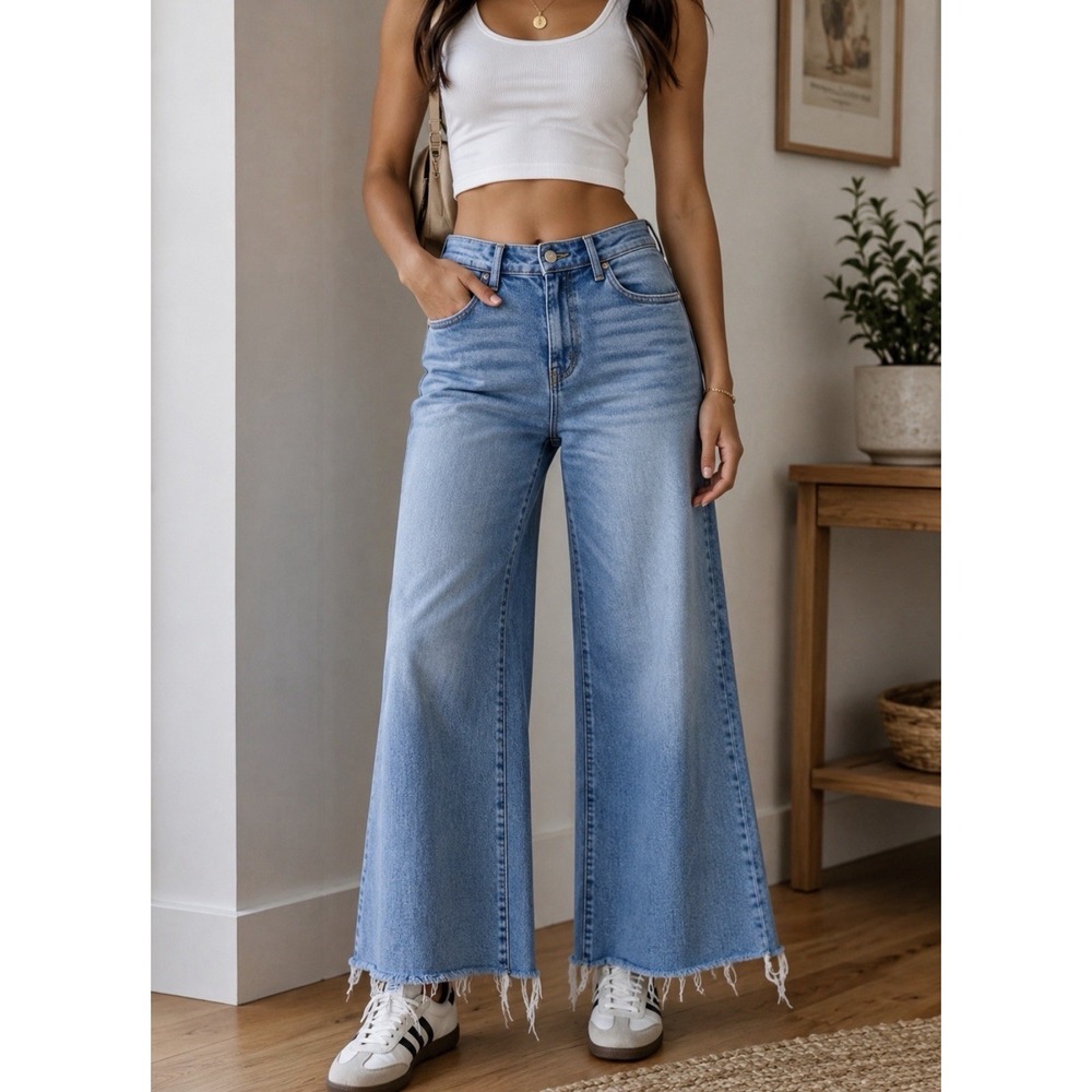 MOTHER Jeans Hustler Roller Fray Wide-Leg High Rise Pants Women's 26 Blue Denim
